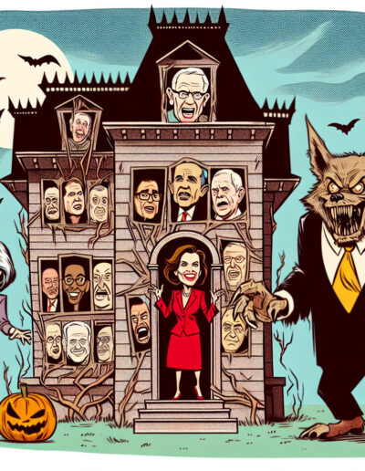 Cartoon-style image of Senator Lisa Murkowski encountering a Big Bad Wolf in a haunted house, styled like Mort Drucker's work.