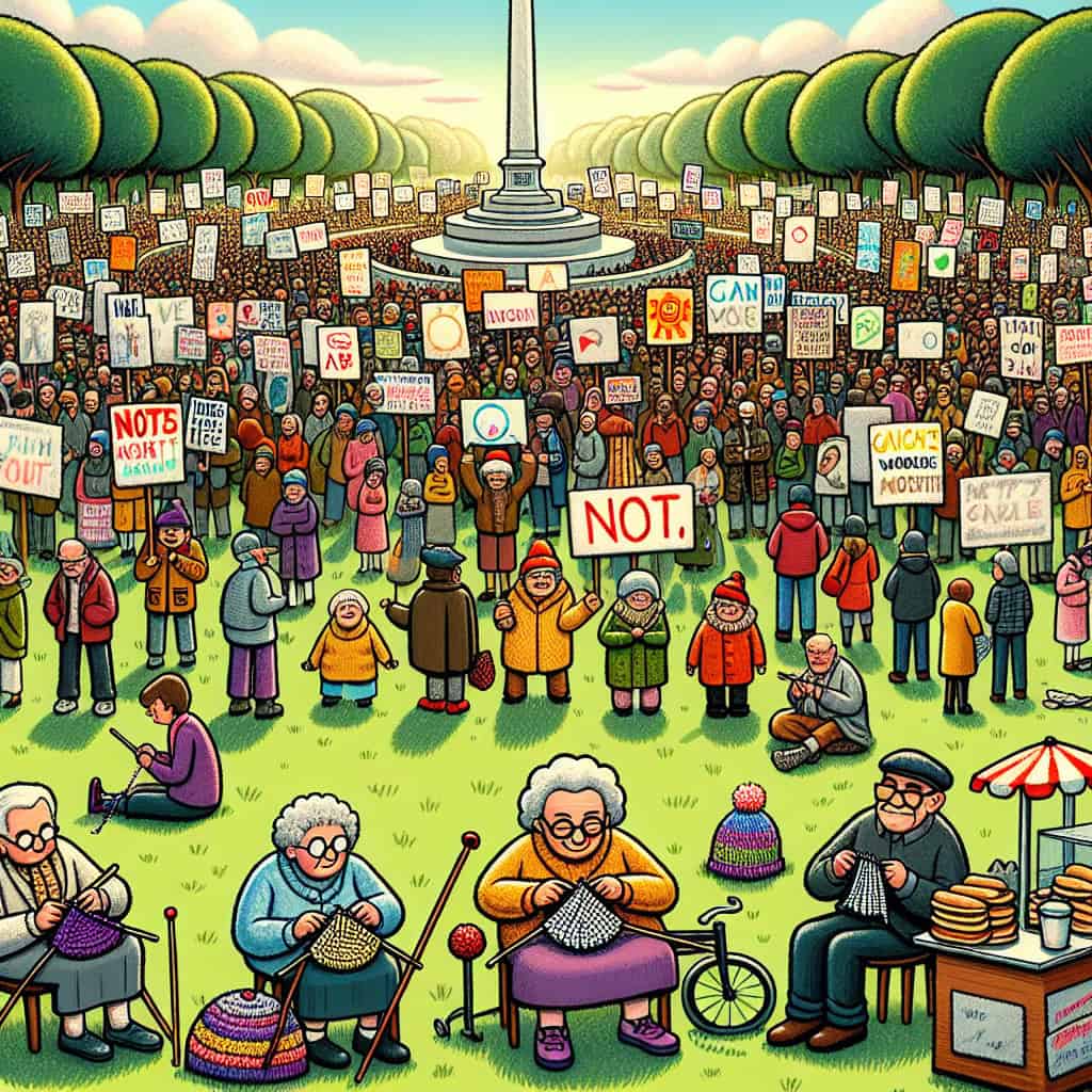 dalle-11b12643.jpg Cartoon-style image of protesters with exaggerated expressions rallying against the concept of democracy.