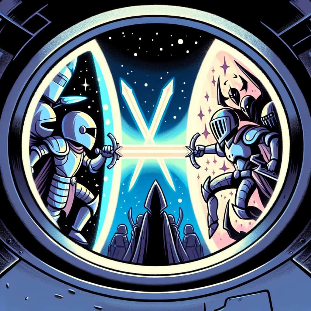 Cartoon of a space battle between traditional sci-fi heroes and colorful woke characters.