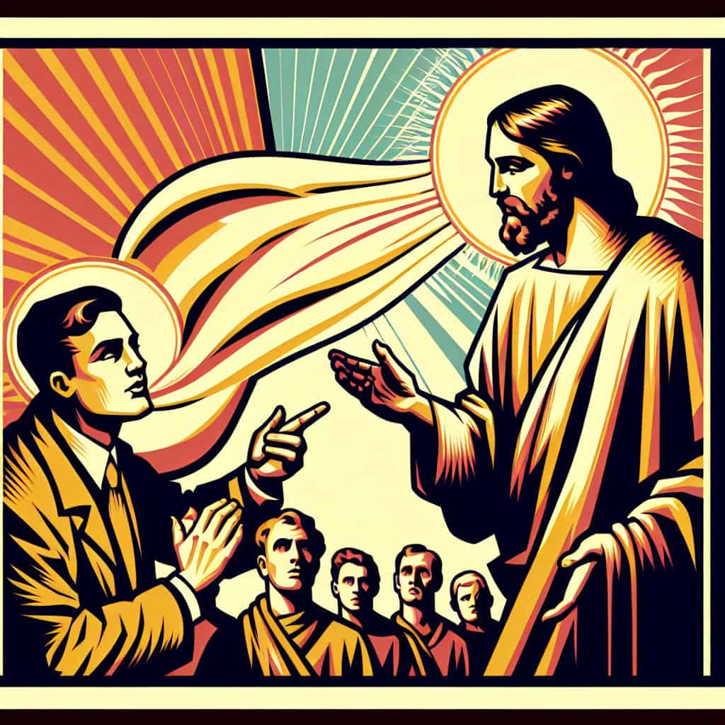 Propaganda poster featuring a silhouette of Pope Francis in front of an American political backdrop, styled in vintage artwork.