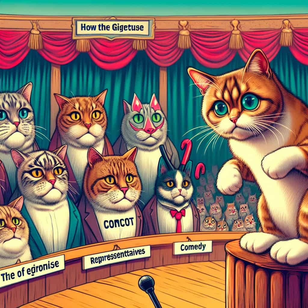 A caricature of President Donald Trump leading a chaotic group of individuals symbolizing House Republicans, in a humorous portrayal of budget discussions.