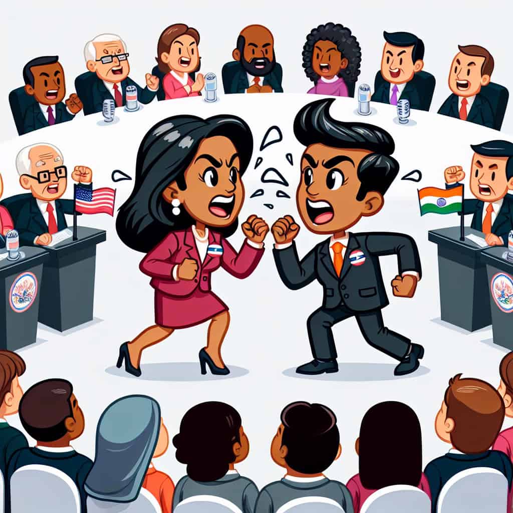 Cartoon depiction of a political figure in a dramatic battle against a large, symbolic AP logo, with satirical elements and vibrant colors.