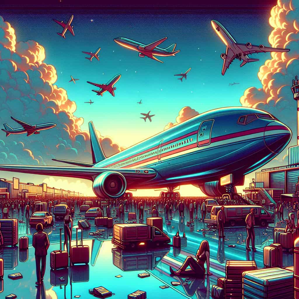 Retro 80s style digital painting of Boeing jets caught in a trade war scenario.