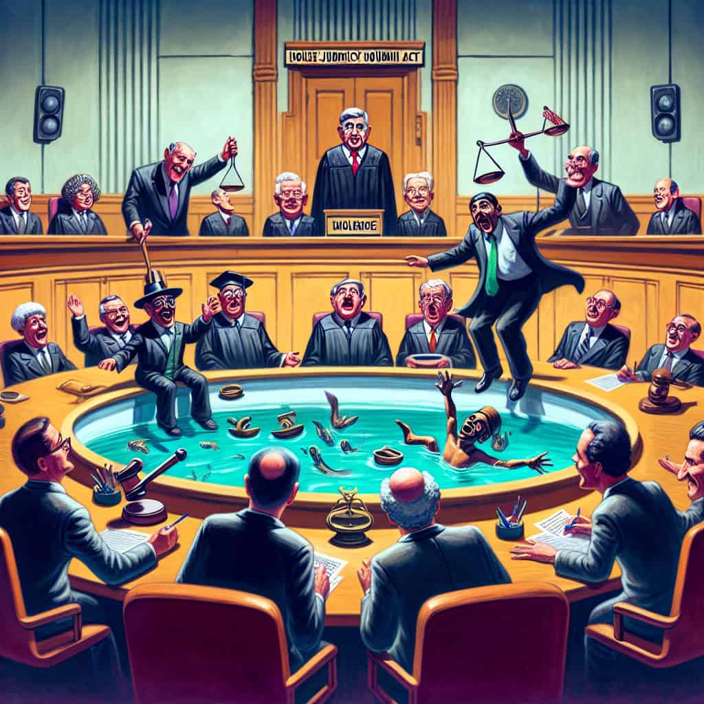 Exaggerated caricature of the House Judiciary Committee led by Jim Jordan, focusing on themes of justice and violent crime.