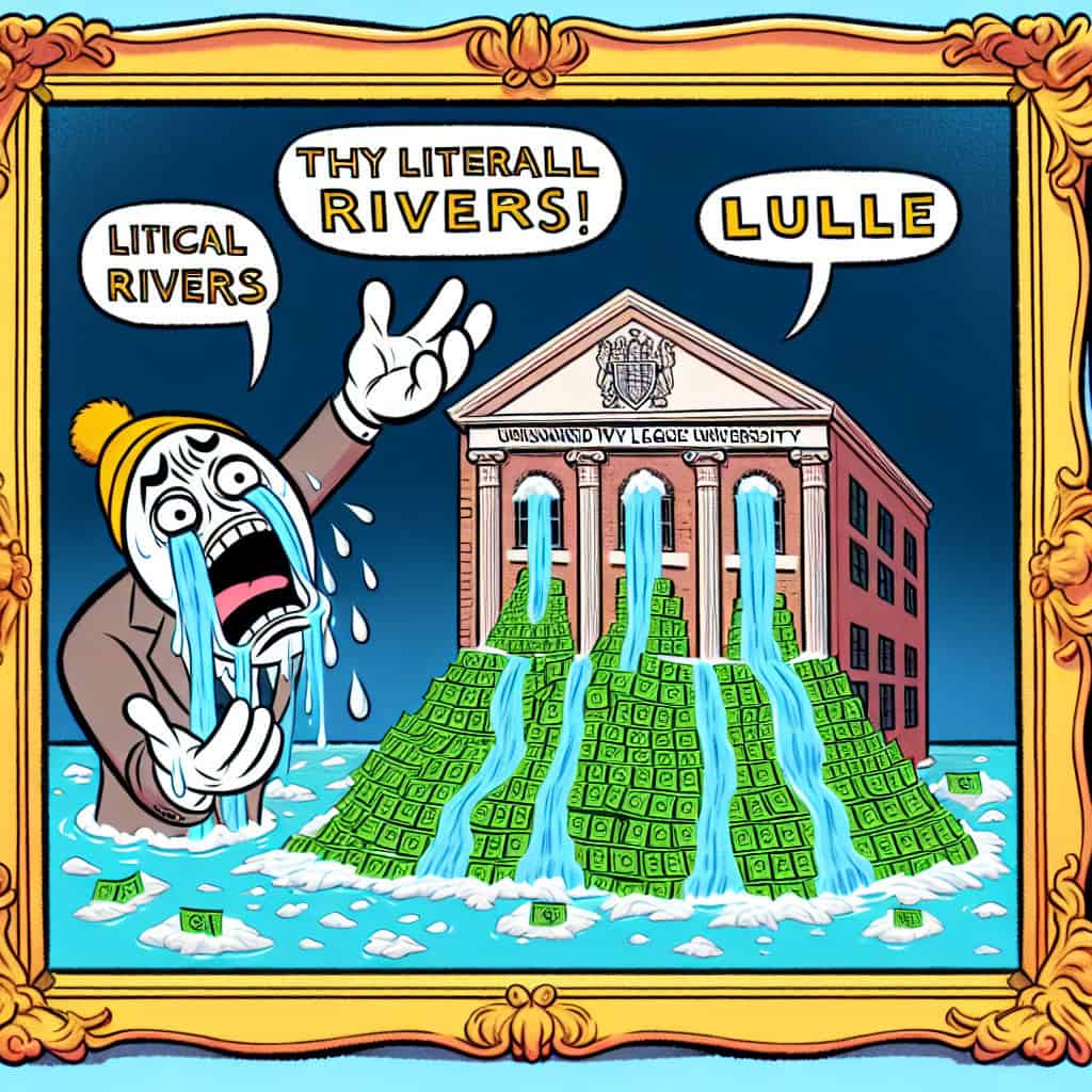 Cartoon of Harvard as a crying wolf over a missing cash pile with a Trump character in the background.