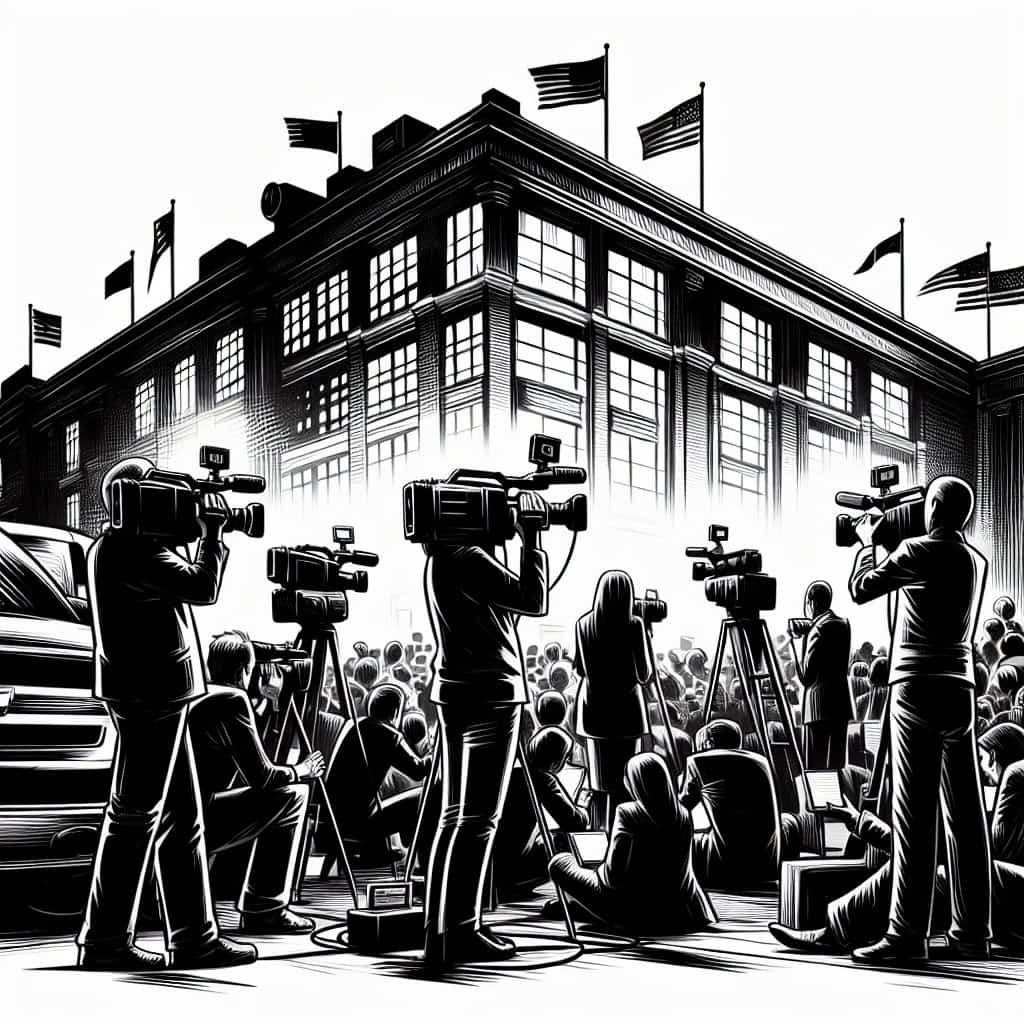 Moody black-and-white political sketch depicting a television producer leaving a studio amidst swirling media headlines.