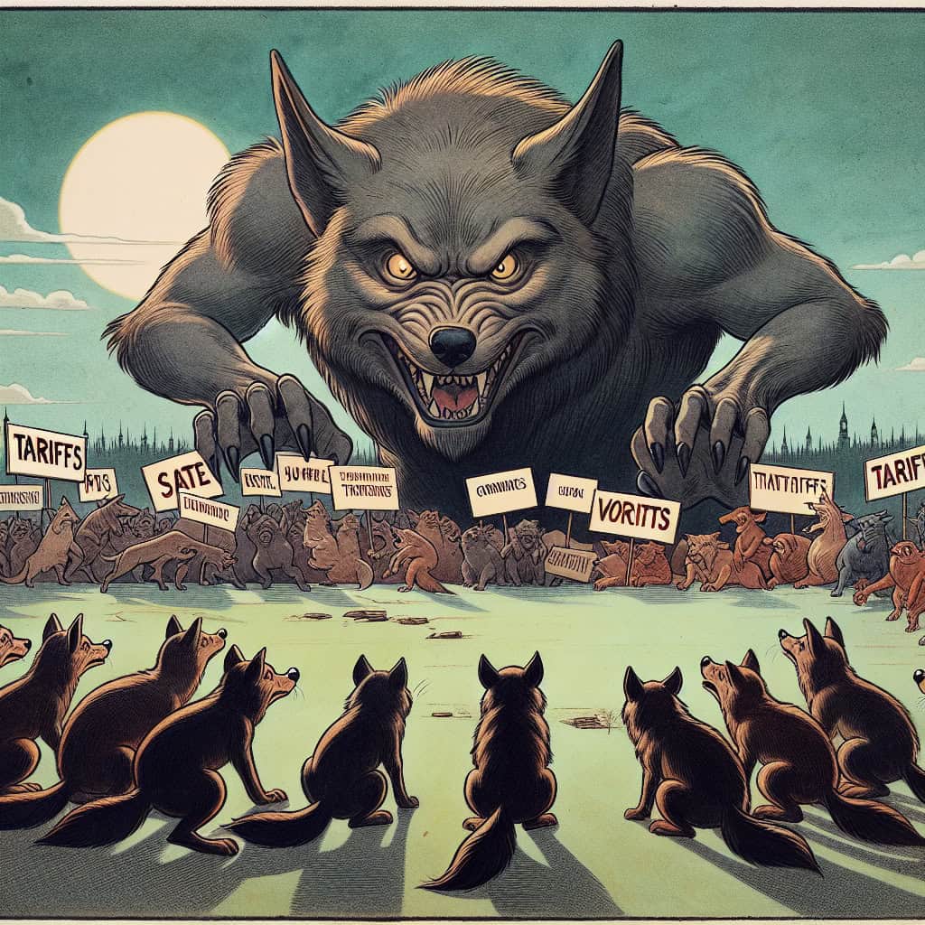 Cartoon-style image of states personified as characters in a legal battle against a caricature of Trump over tariffs, designed in Mort Drucker's style.