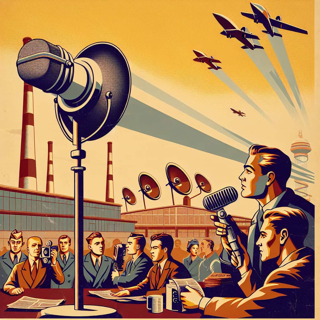 Vintage propaganda poster inspired by a conservative narrative, featuring a satirical take on targeting public broadcasting like NPR and PBS.