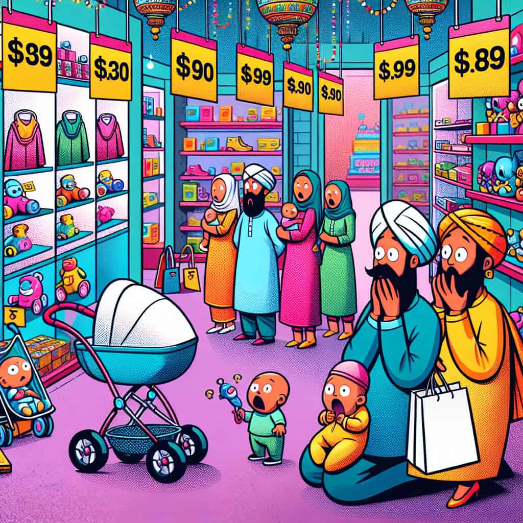 Cartoon image showing a stressed parent looking at baby products with exaggerated price tags in a store.
