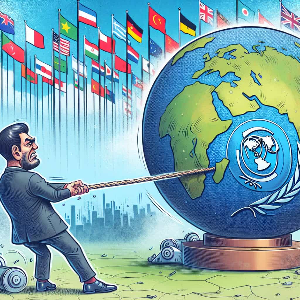 Caricatured depiction of a battle between a triumphant businessman, resembling Trump, and a solemn group symbolizing the IMF, amidst a chaotic economic backdrop.