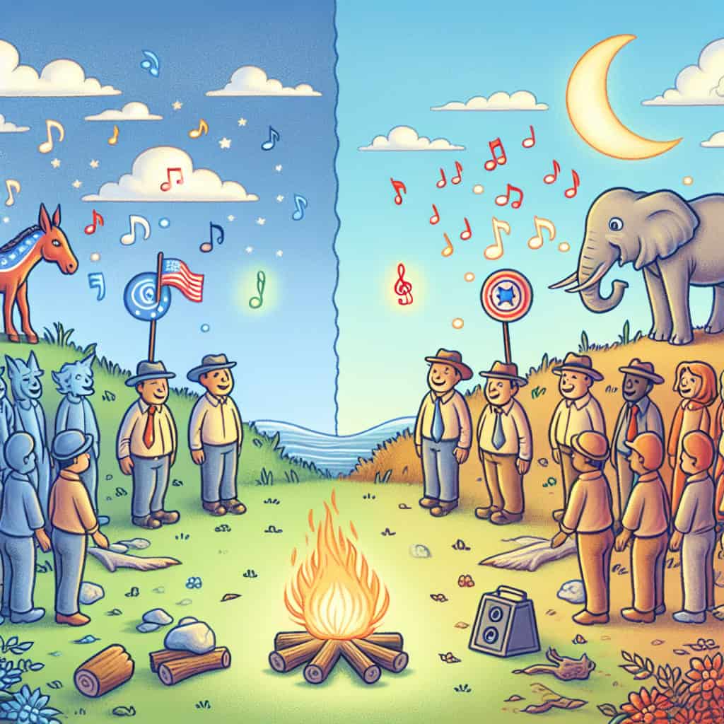 Cartoon depicting a fantastical 2024 bipartisanship dream with Democrats and Republicans humorously attempting to unify.
