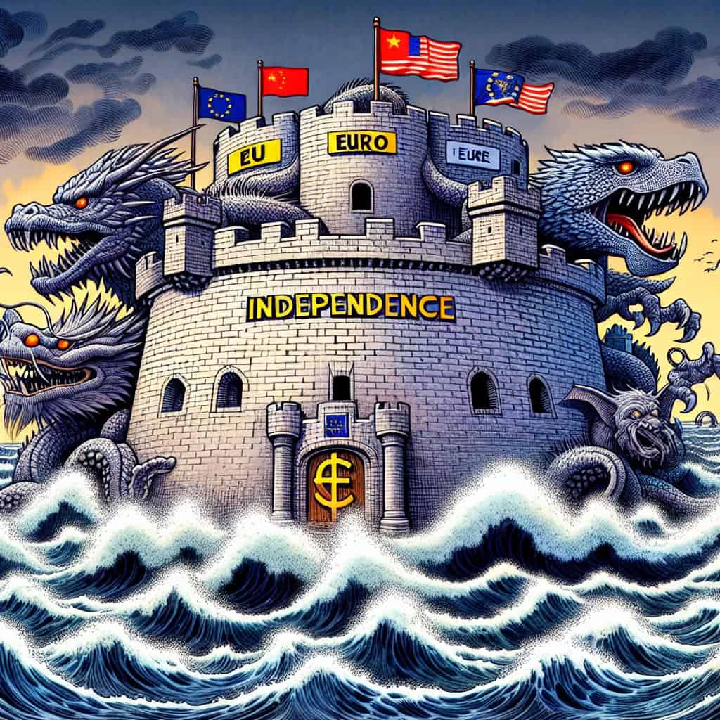 Cartoon of European leaders strategizing a plan to survive international economic challenges.