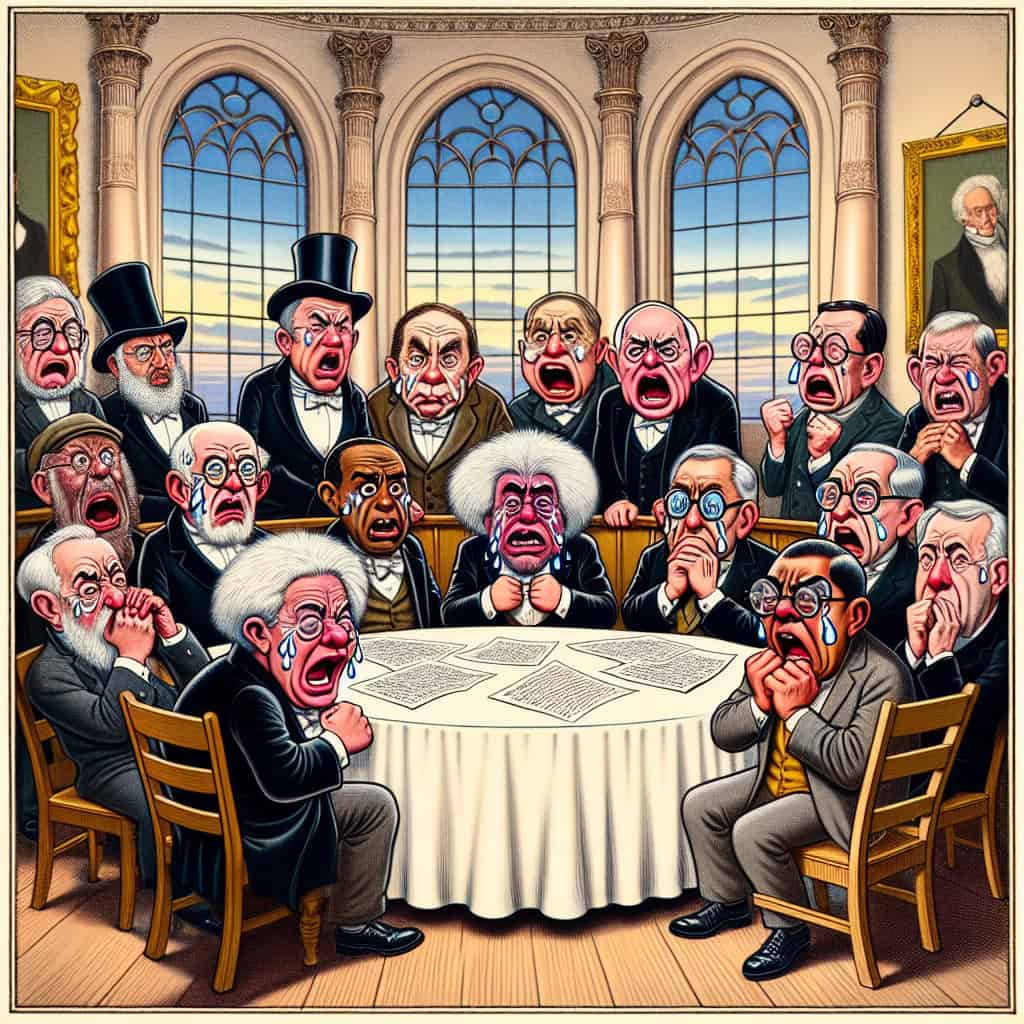 Cartoon in Mort Drucker's style depicting Ivy League scholars reacting dramatically to Trump's mean tweets.