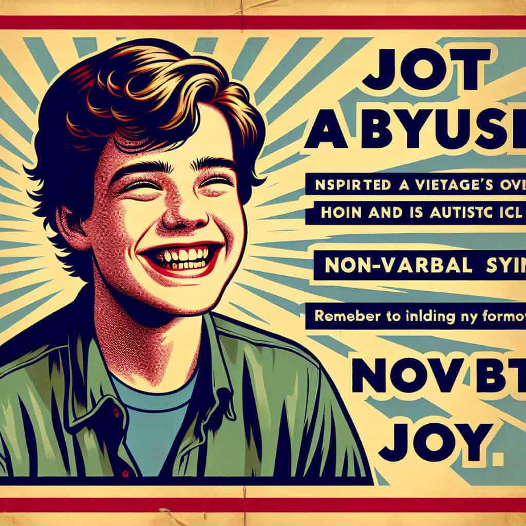 A vintage-style propaganda poster depicting a joyful boy smiling broadly, symbolizing acceptance of autism.