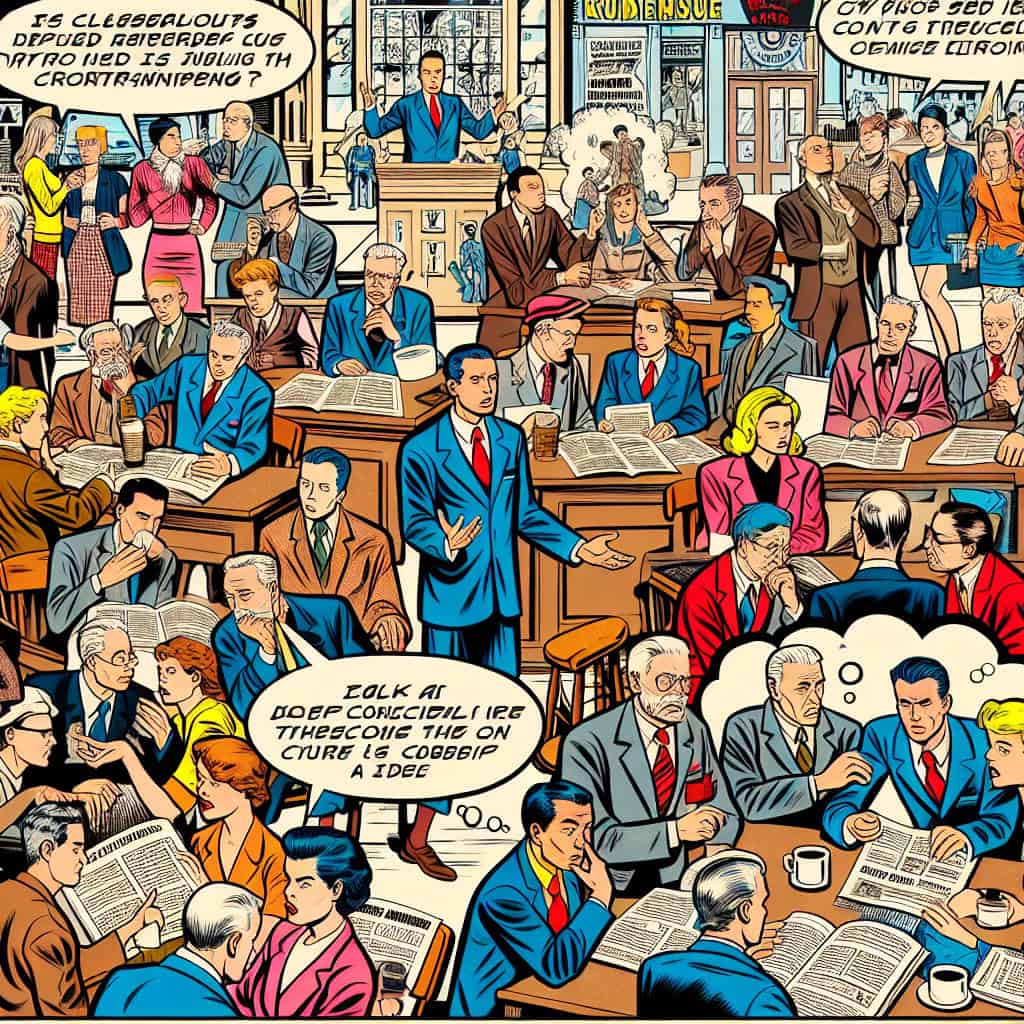 dalle-fc51471b.jpg Dramatic comic book panel depicting political satire with scholars and a sense of urgency.