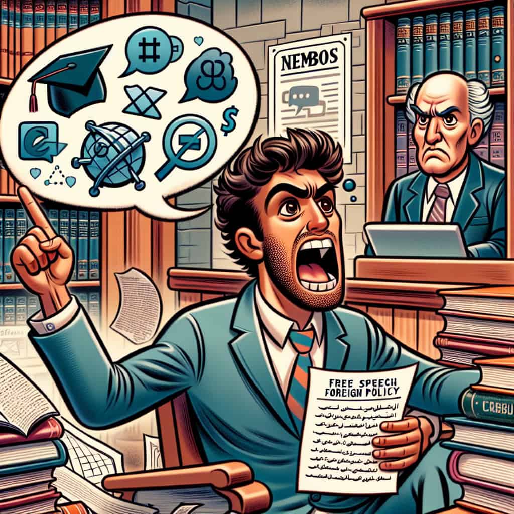 Cartoon of a man being directed towards an airport by an imposing figure holding a memo titled 'Marco Rubio's Foreign Policy.' The man appears confused and is holding a diploma and a placard that reads 'Free Speech.'