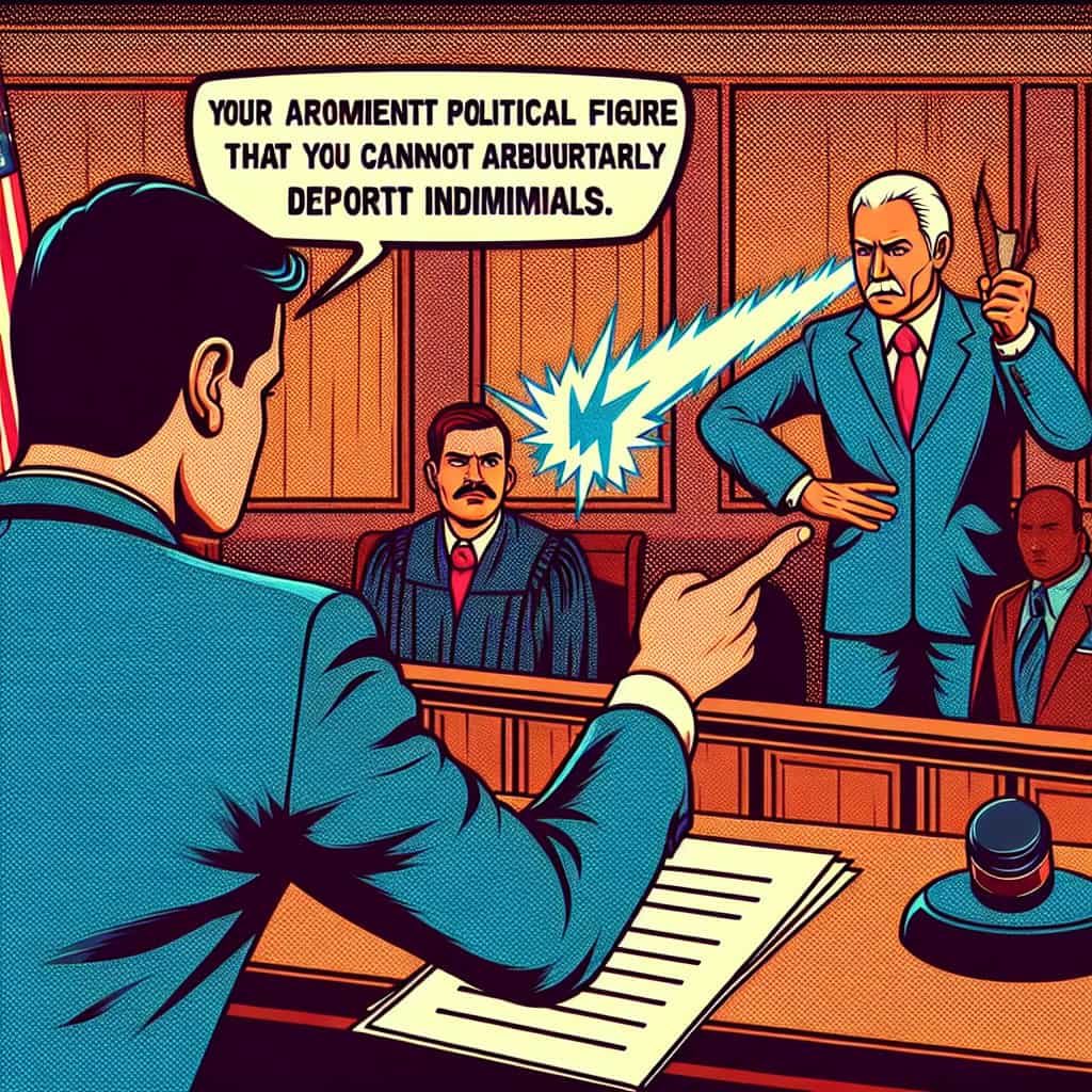 dalle-image-269465b8.jpg A digital painting in 80s animation style showing a political figure facing the courts, depicting a humorous and critical take on a judicial decision against deportation policies.