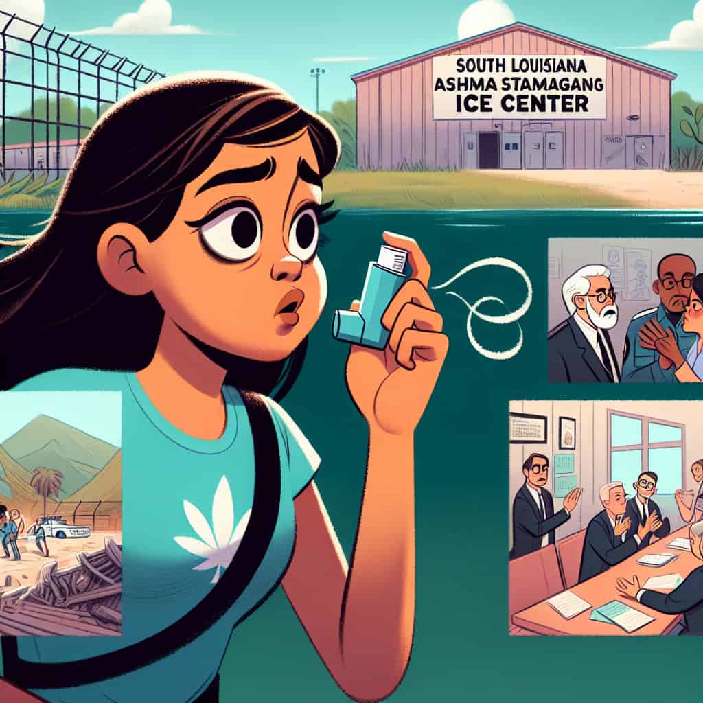 Cartoon of a student having an asthma attack while detained by ICE, with dramatic expressions and a background featuring a detention center.