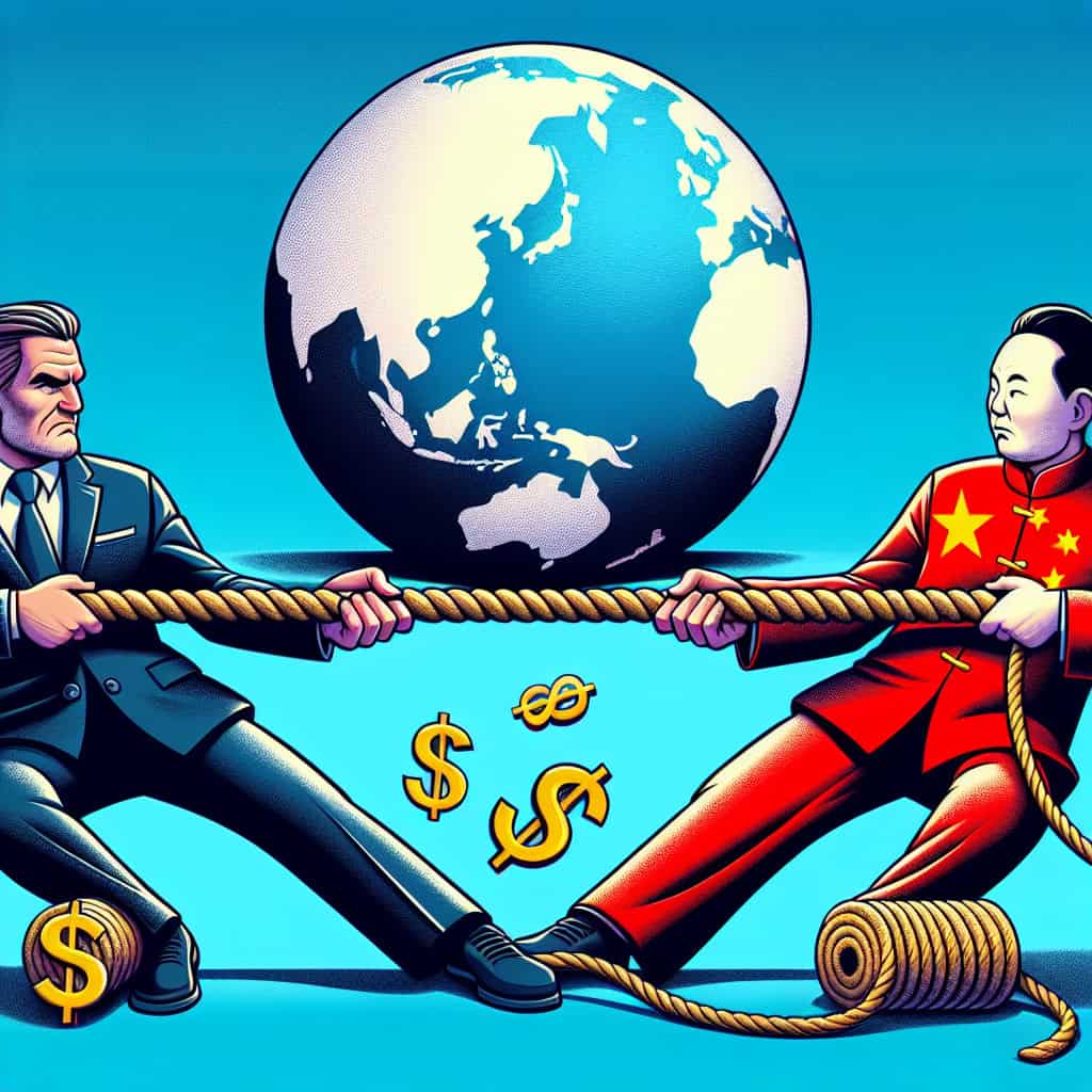 Cartoon style image of a political figure and China engaged in a staring contest over tariffs.