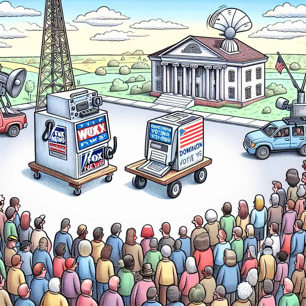 Cartoon illustration of a crowd watching a spectacle labeled as Dominion Voting vs. Fox News.