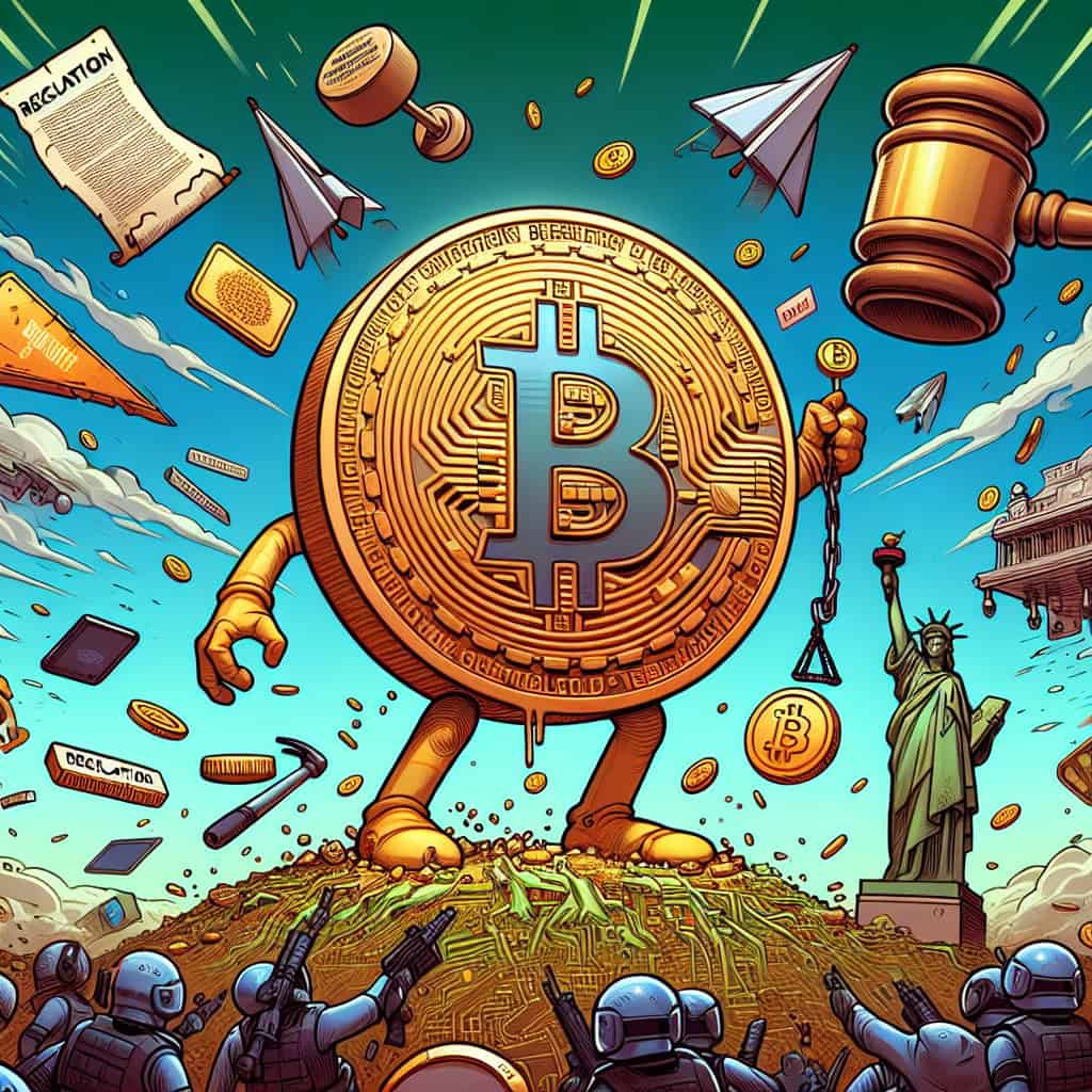 Cartoon with Donald Trump hugging a giant Bitcoin with text on crypto regulations.