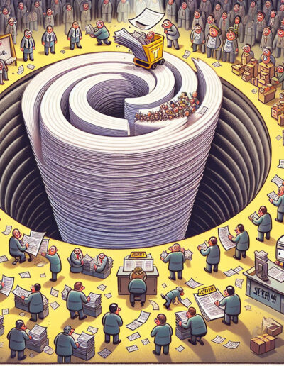 Cartoon of a chaotic office with frantic employees and disorganized health records flying around.