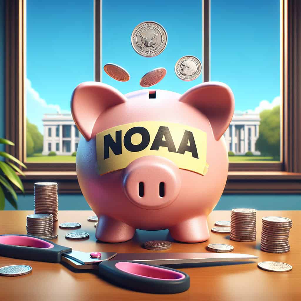 Cartoon depicting NOAA budget cuts with a piggy bank being emptied by cartoon characters resembling political figures.