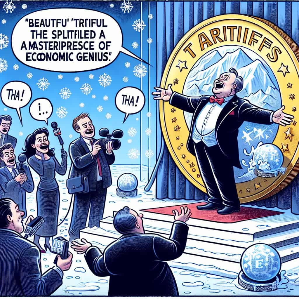 Cartoon of President Trump proudly admiring a messy painting labeled 'Beautiful Tariffs' as a masterpiece.