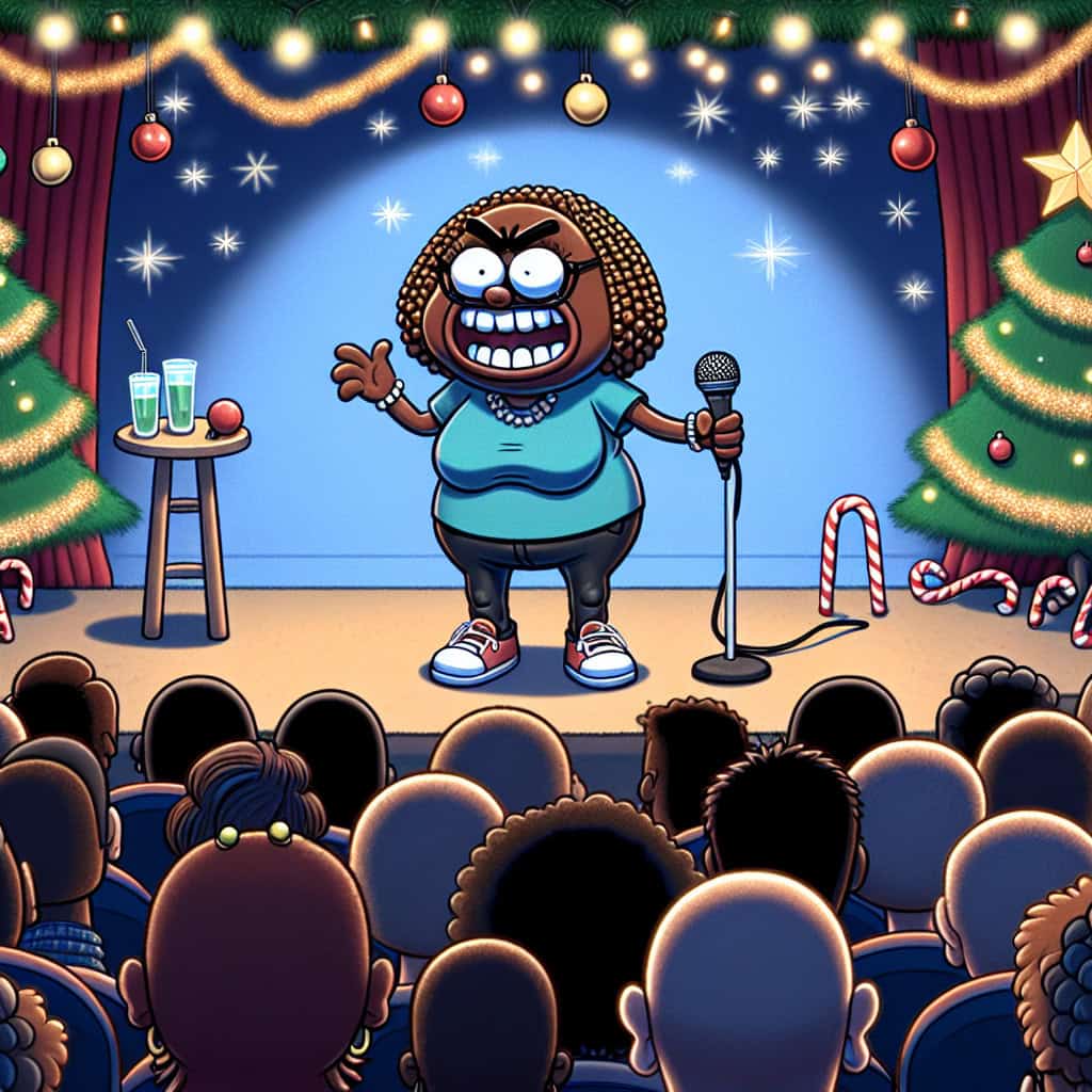 Cartoon of a comedian mocking Christmas traditions