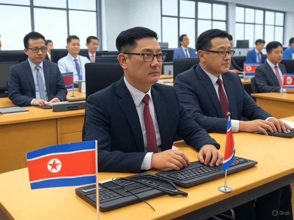 Illustration depicting remote workers with North Korean flags in a corporate office setting