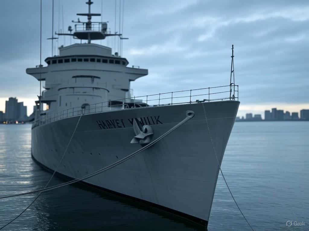 In {selected_style}, a Navy ship sails away from a colorful rainbow flag, symbolizing the conservative pushback against woke policies in the military