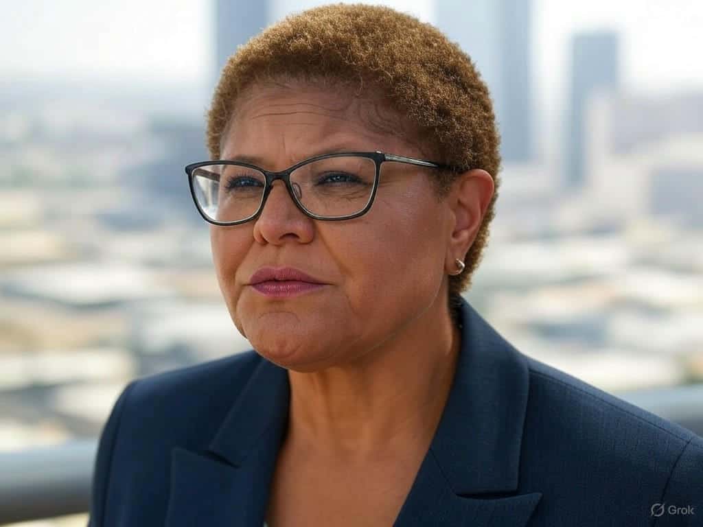 Political cartoon depicting Mayor Karen Bass in a helicopter overlooking a chaotic Los Angeles, with protests and federal agents on the ground, symbolizing her detached leadership during the crisis.