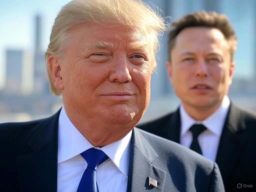 A {selected_style} depiction of Donald Trump standing confidently while Elon Musk looks uncertain and conflicted