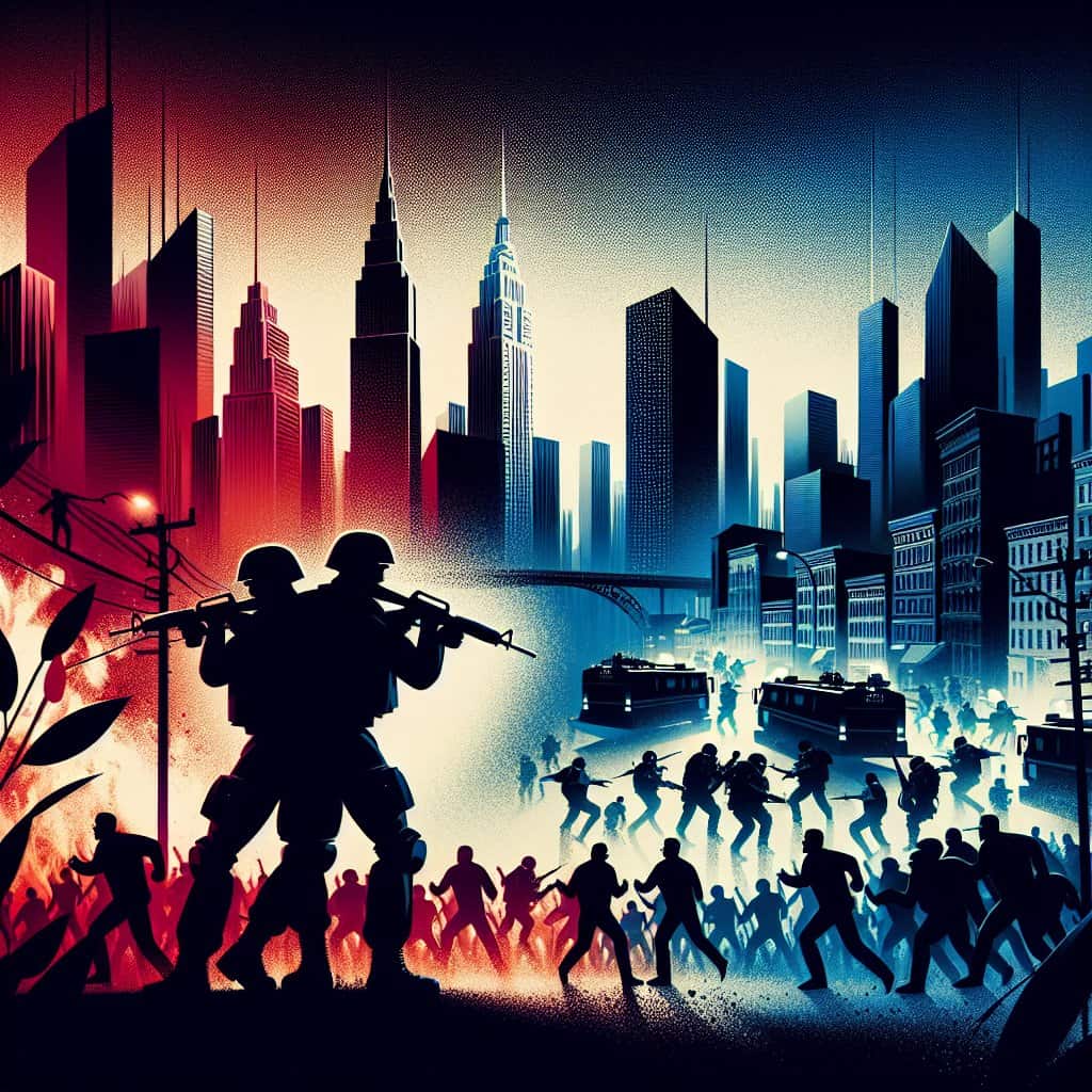 Political cartoon of President Trump leading National Guard troops into Chicago, symbolizing crackdown on illegal immigration