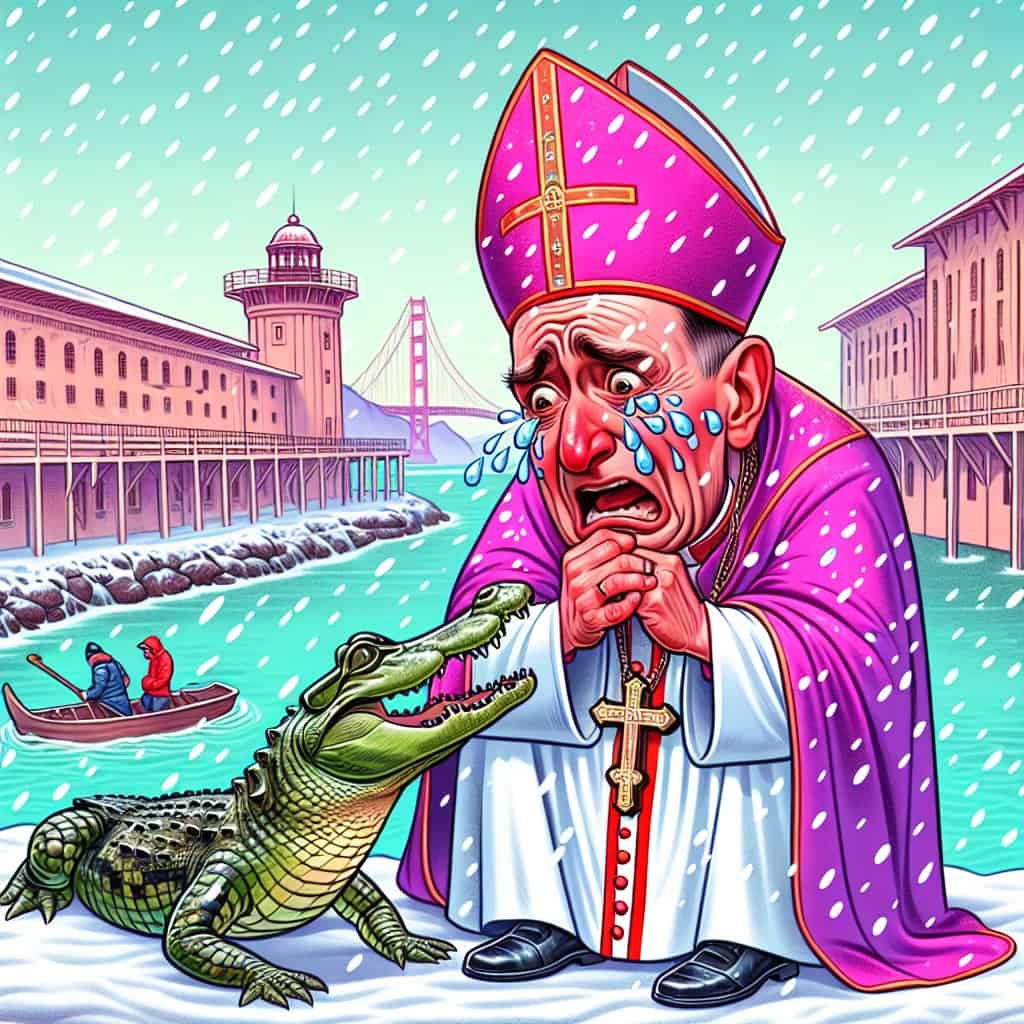 Political cartoon of Archbishop Thomas Wenski crying over an alligator in the Everglades, symbolizing his opposition to the ICE detention center