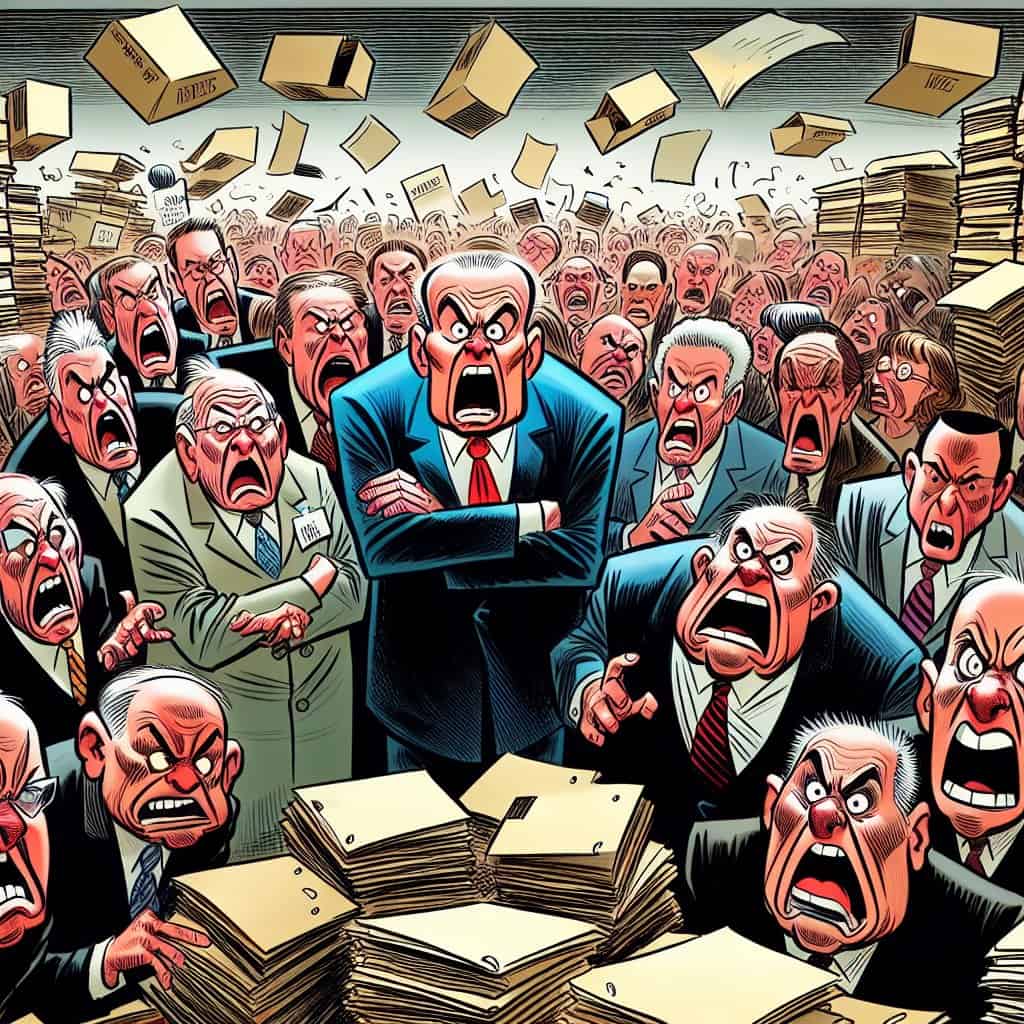 Political cartoon depicting Alexandria Ocasio-Cortez angrily tweeting about Donald Trump amidst scattered Epstein files, emphasizing her outrage and disregard for facts