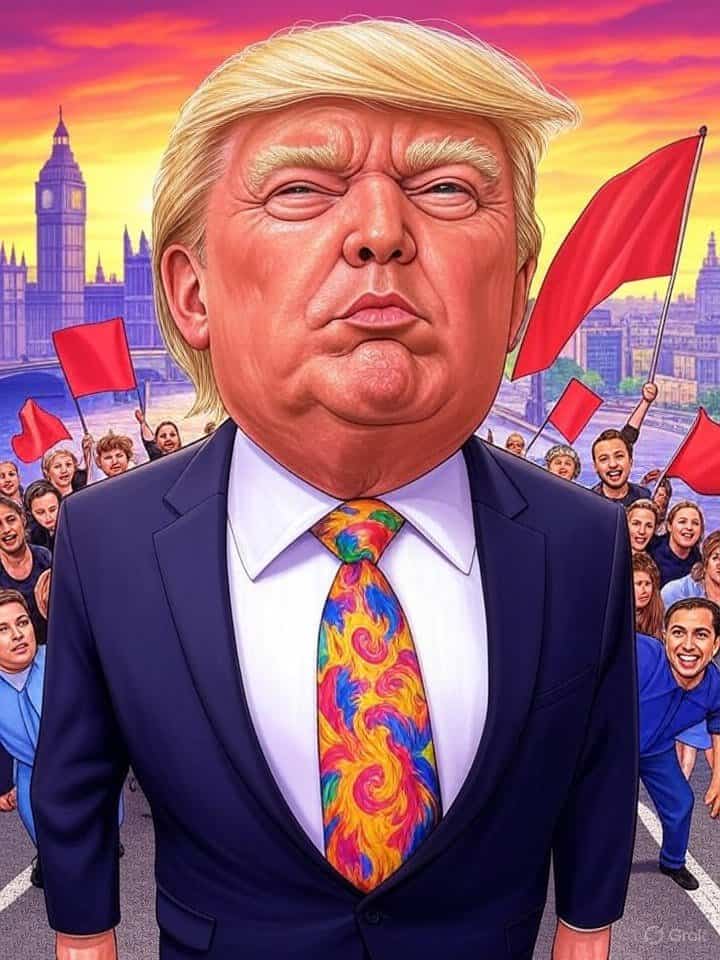 Political cartoon depicting liberals arguing over the shade of red on the American flag during Trump's UK visit