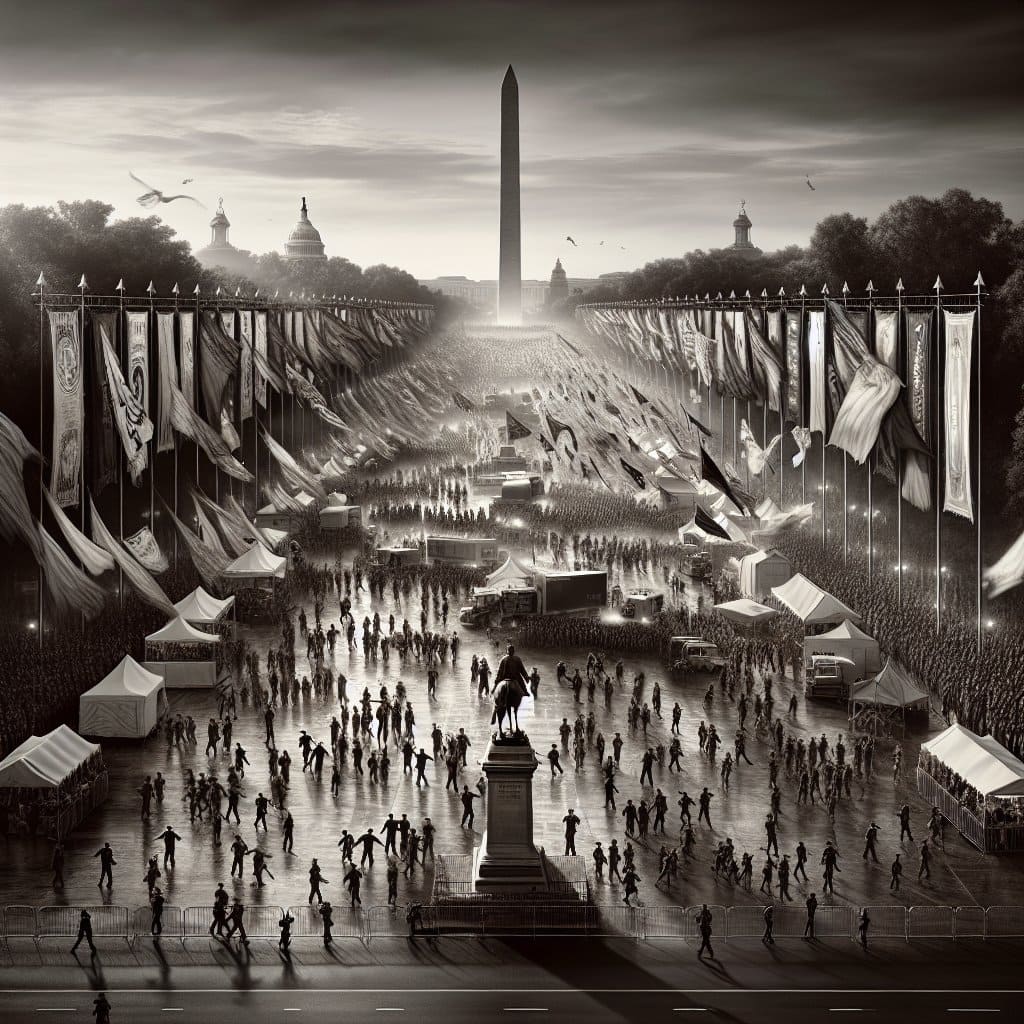 Illustration of National Mall: A Battle of Banners and Statues